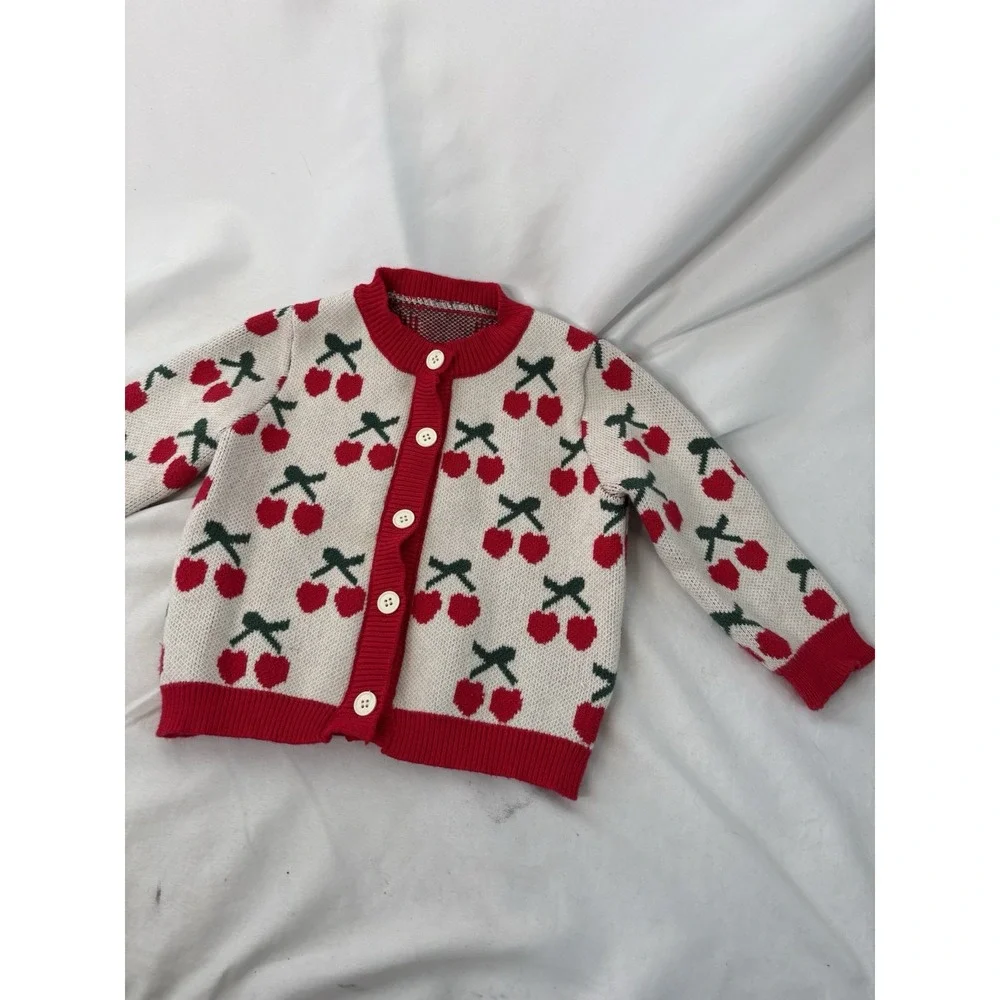 Mikistory Baby‎ Girl 12-18m Knit Cardigan Sweater Cherry Cherries Button Down